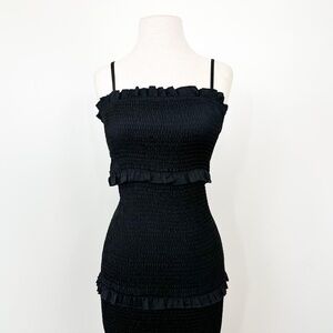 Mable Black Tiered Ruffle Ruched Smocked Strappy Long Maxi Dress size medium